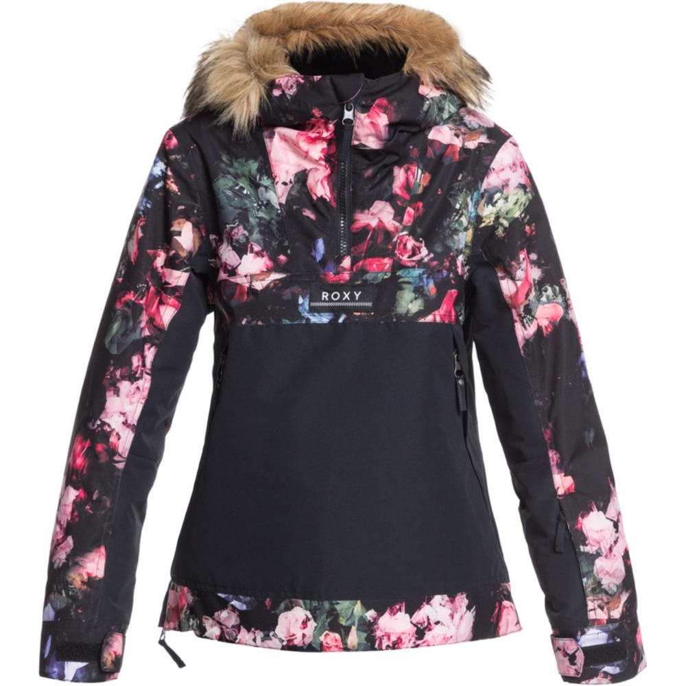 Roxy Girls' Floral Black Pink Snow Jacket with Faux Fur Hood